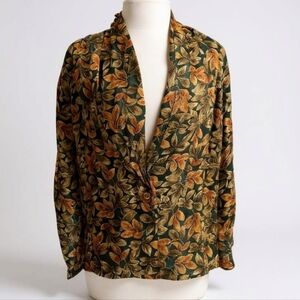 Vintage Quo Silk Leaf Print Blouse Jacket L | Fall Grandpa Fit